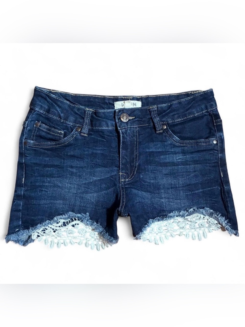 Dark Blue Denim Lace-Hem Jean Shorts
